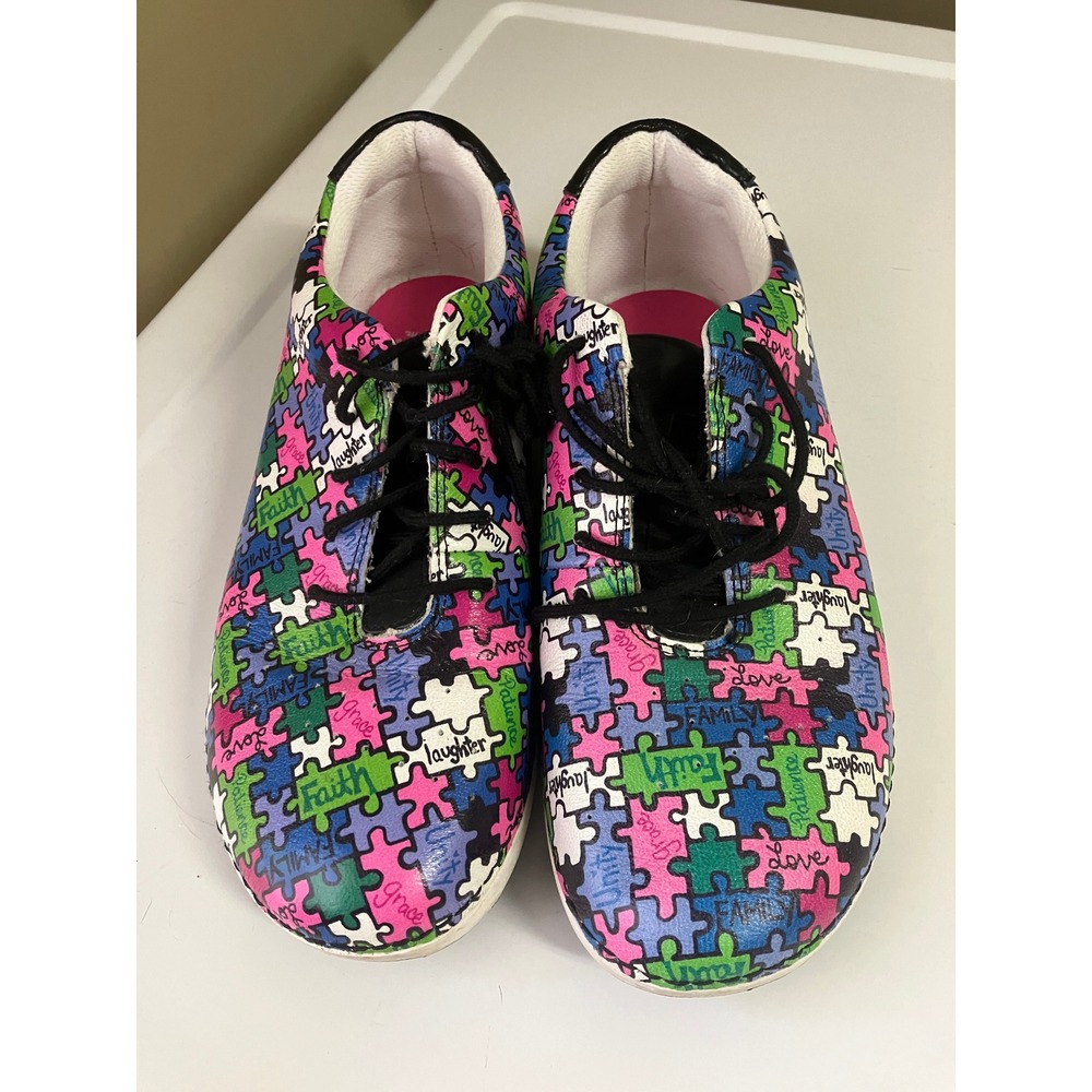 Alegria Essence ESS-302 Puzzle Print Leather Sneakers Womens 40 Multi Color Lace - Picture 4 of 9